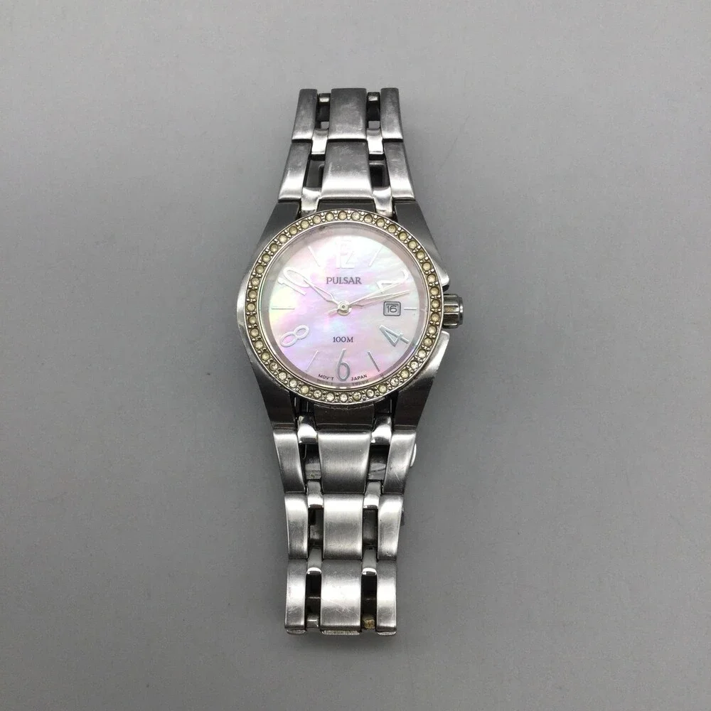 Pulsar Womens Watch 27mm Pink MOP Dial Crystal Bezel V8X2-X393 Date 6.25
